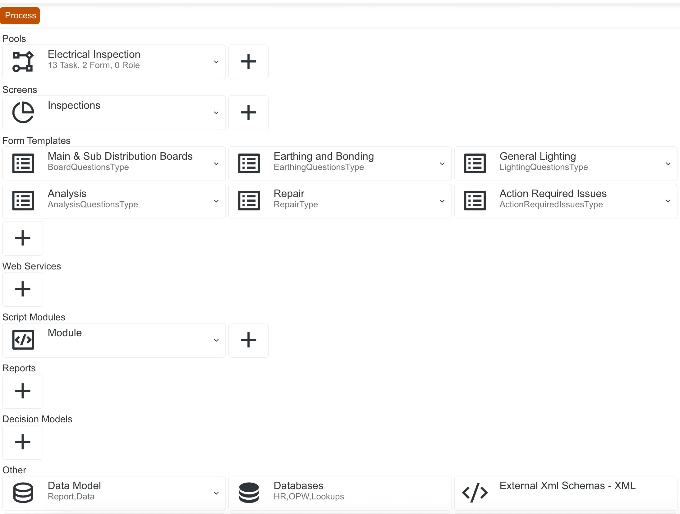 Process designer interface showing sections for Pools, Screens, Form Templates, Web Services, Script Modules, Reports, Decision Models, and Other with options for Electrical Inspection, Inspections, and various form templates.