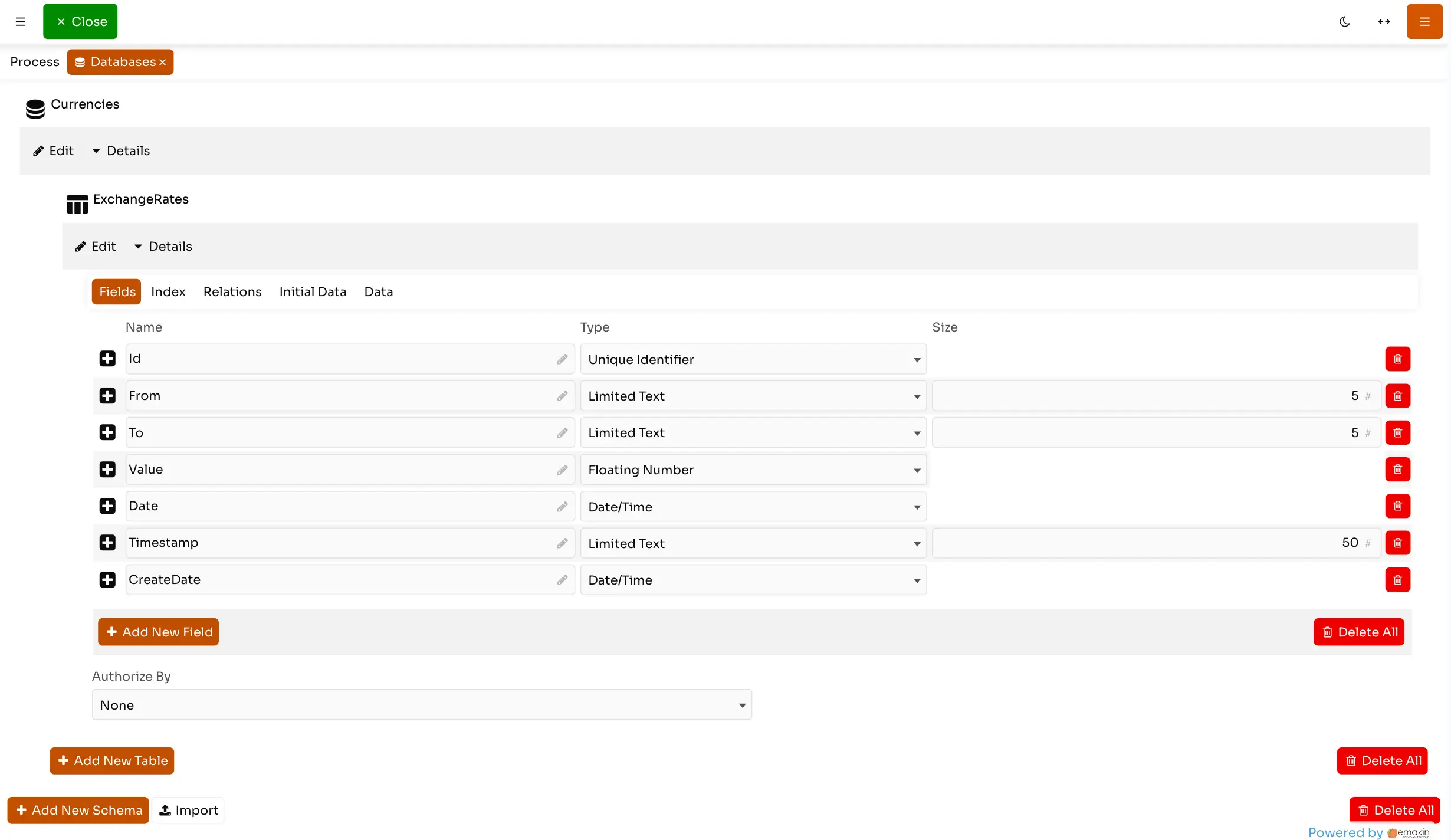 Database editor interface displaying currency exchange rate fields with columns for name, type, and size, including Id, From, To, Value, Date, Timestamp, and CreateDate.
