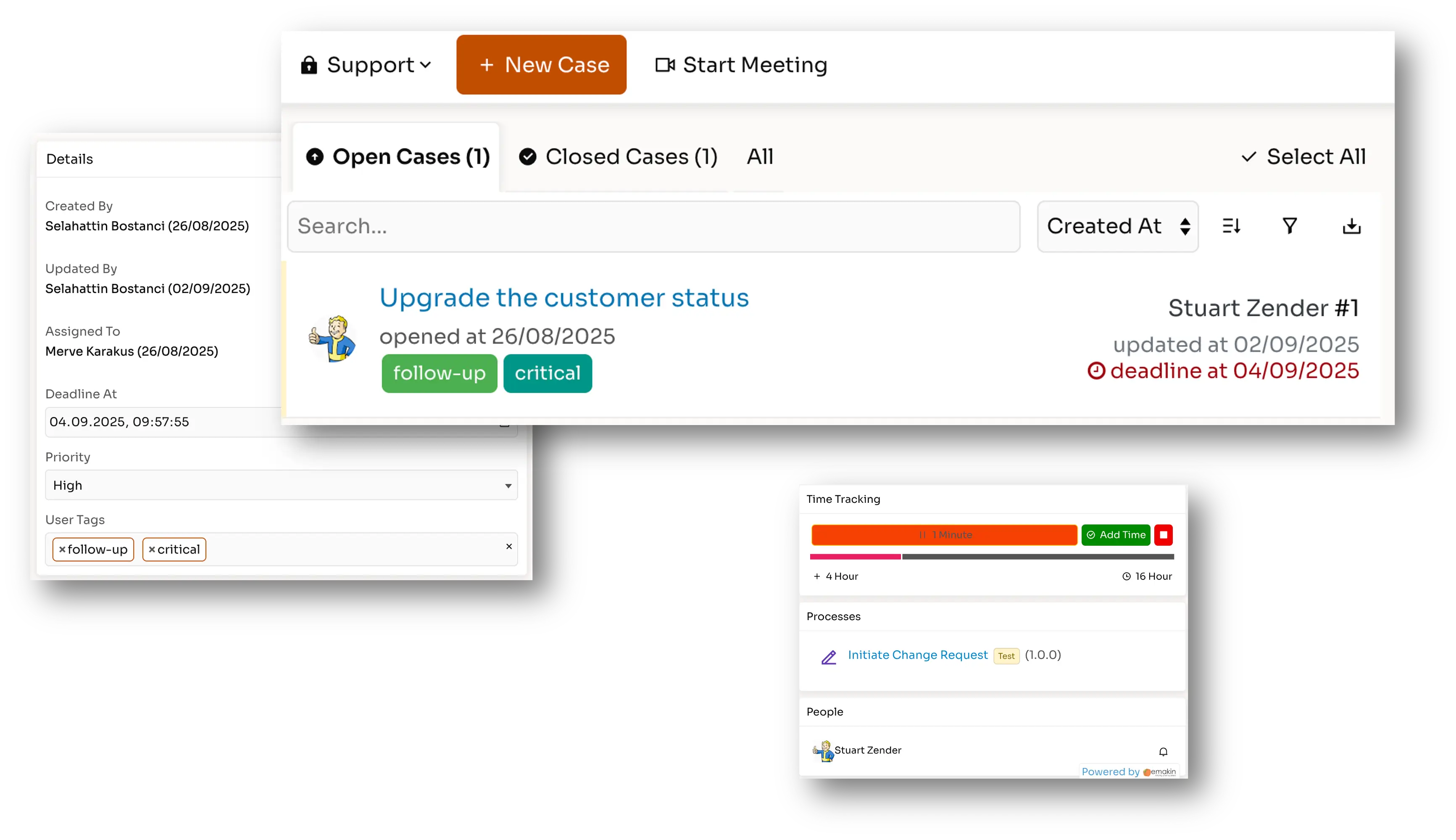 User interface displaying an open case titled 'Upgrade the customer status' with tags 'follow-up' and 'critical', created and updated dates, assigned user details, deadline, priority, and time tracking information.