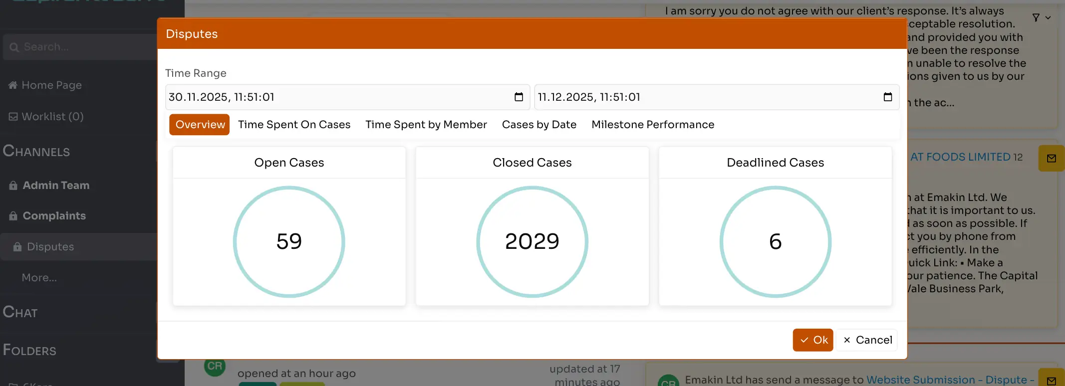 Disputes dashboard showing time range from November 30 to December 11, 2025, with 59 open cases, 2029 closed cases, and 6 deadlined cases.