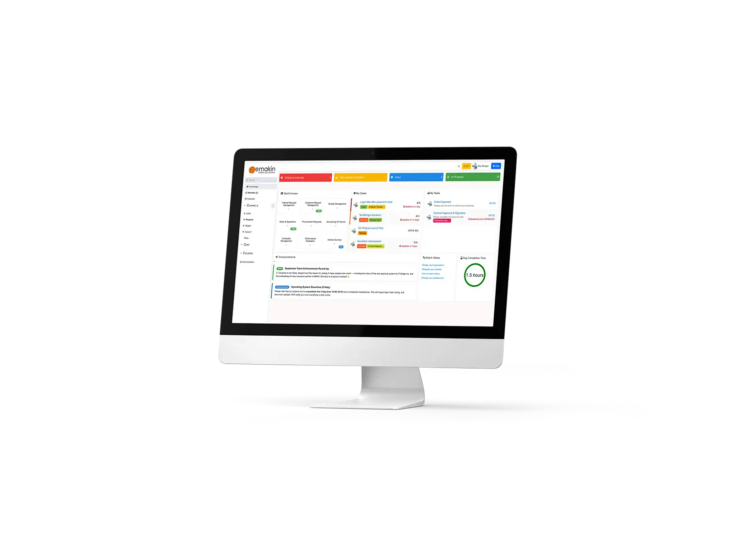 Desktop computer screen displaying the Emakin dashboard with sections for quick access, tasks, announcements, and completion time.