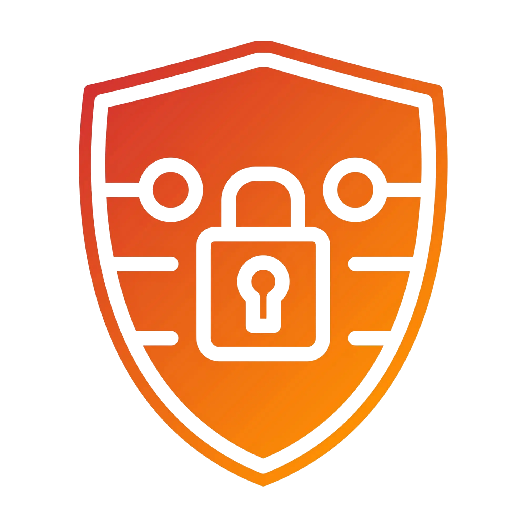 Orange shield with a padlock symbol in the center, representing cybersecurity and data protection.