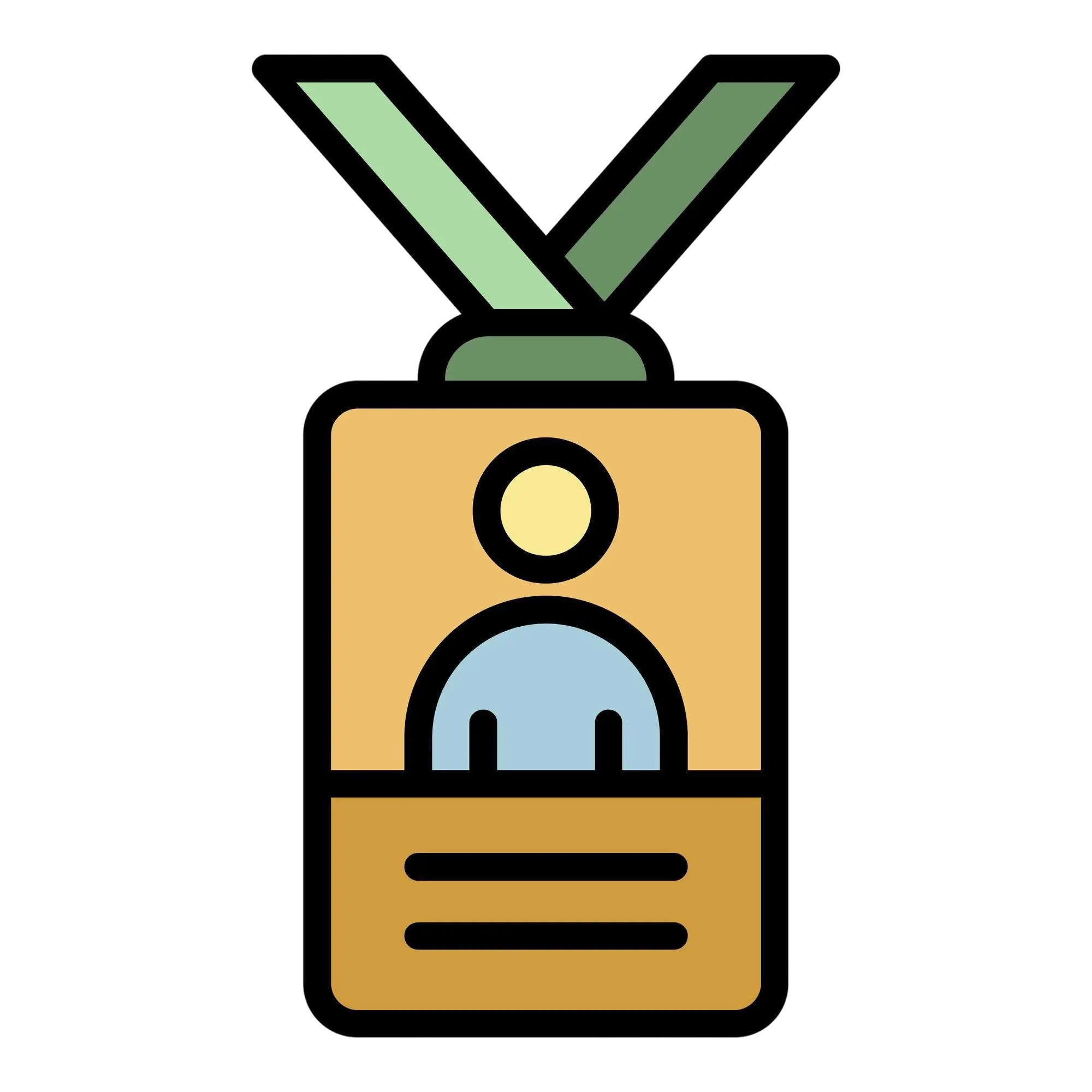 Identification badge with a photo icon and two lines representing text, attached to a green neck strap.