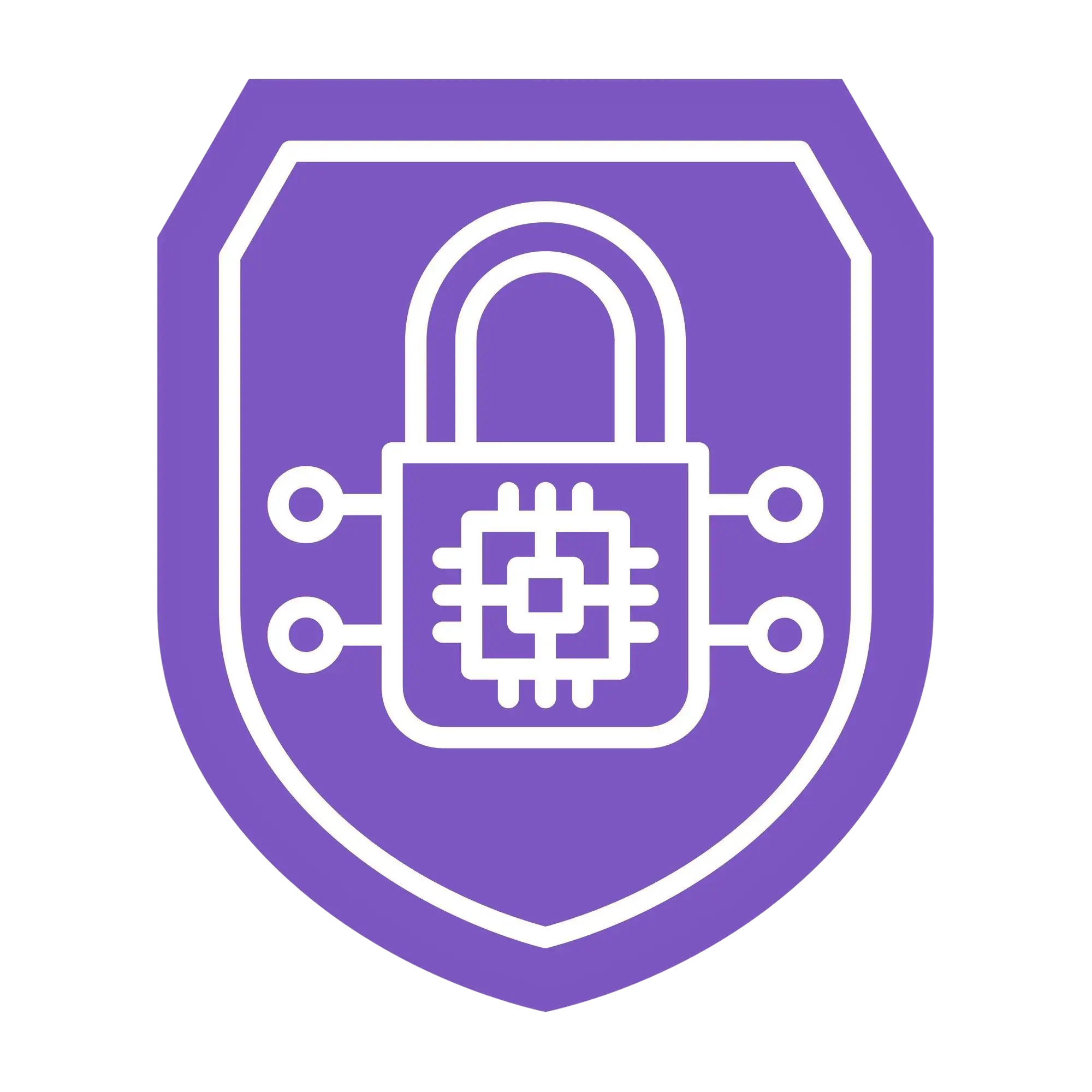 Purple shield icon with a white padlock featuring a microchip design, symbolizing cybersecurity.