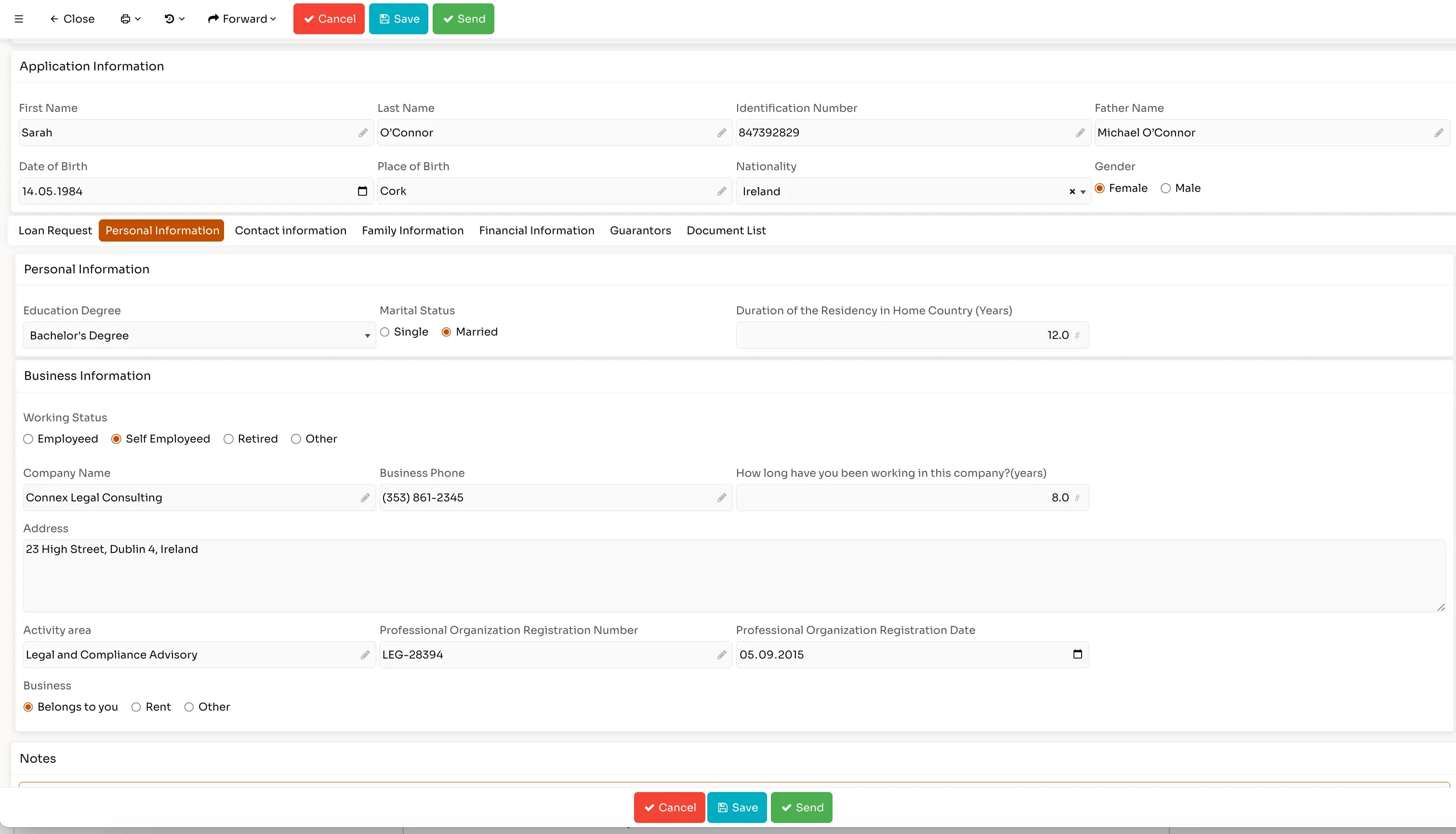 Loan application form showing personal info for Sarah O'Connor including birthdate 14.05.1984, nationality Ireland, married status, self-employed at Connex Legal Consulting in Dublin.