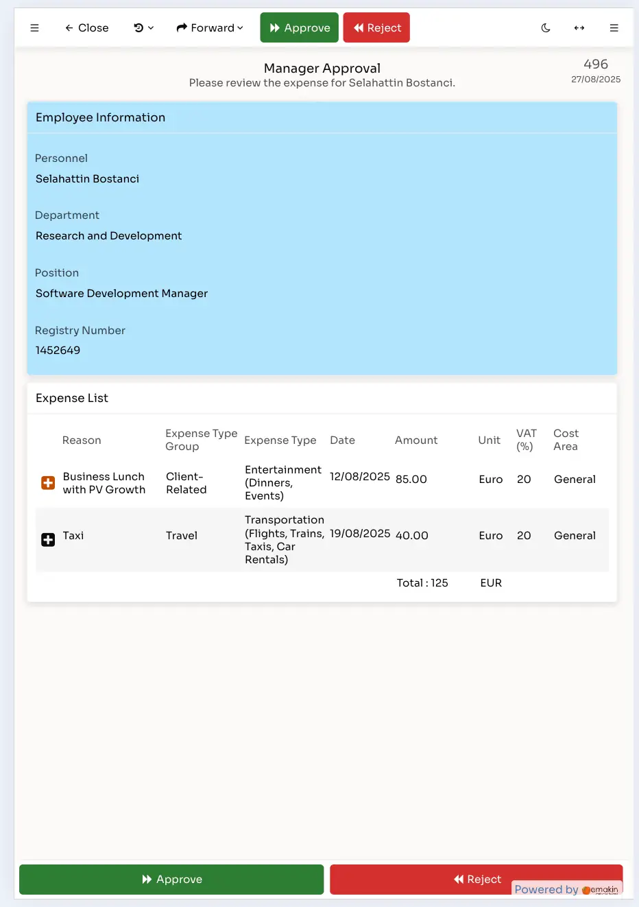 Manager approval form showing employee Selahattin Bostanci's expense list including a business lunch and taxi rides, with options to approve or reject.