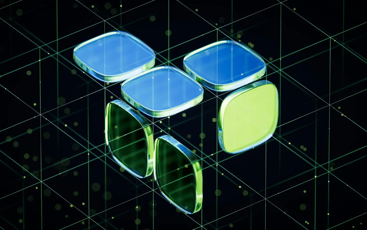 3D abstract cubes with reflective blue and green surfaces floating over a dark grid background.