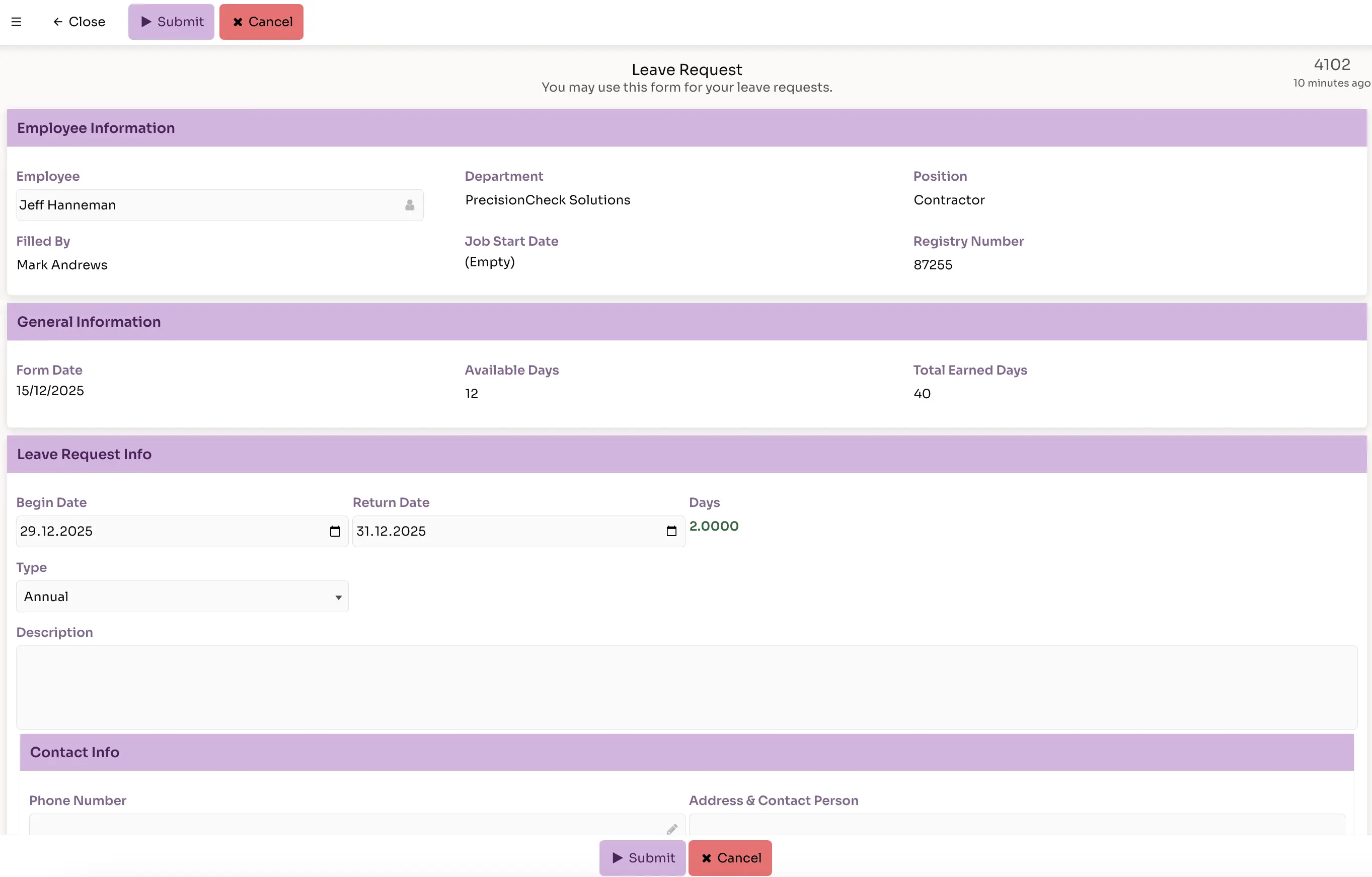 Digital leave request form showing employee info, leave dates from December 29 to 31, 2025, annual leave type, and submit and cancel buttons.