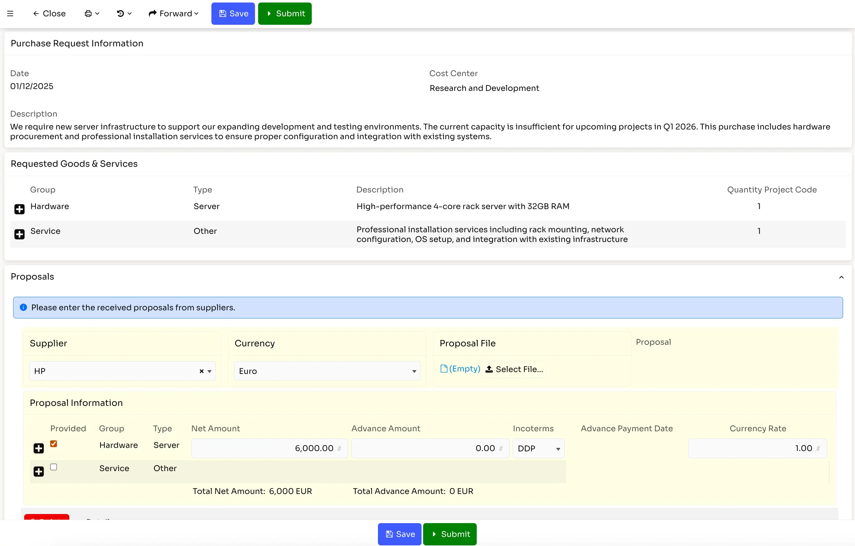 Purchase request form showing date 01/12/2025 and cost center Research and Development for hardware server and installation service, including supplier proposal from HP with net amount 6000 EUR and incoterms DDP.
