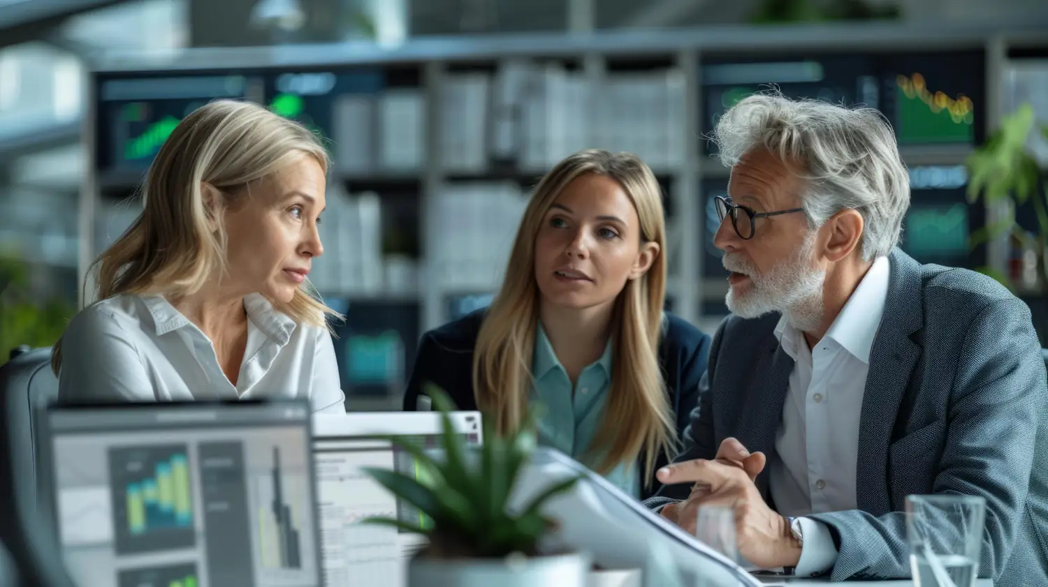 Three business professionals engaged in a discussion in an office with financial charts on screens behind them.