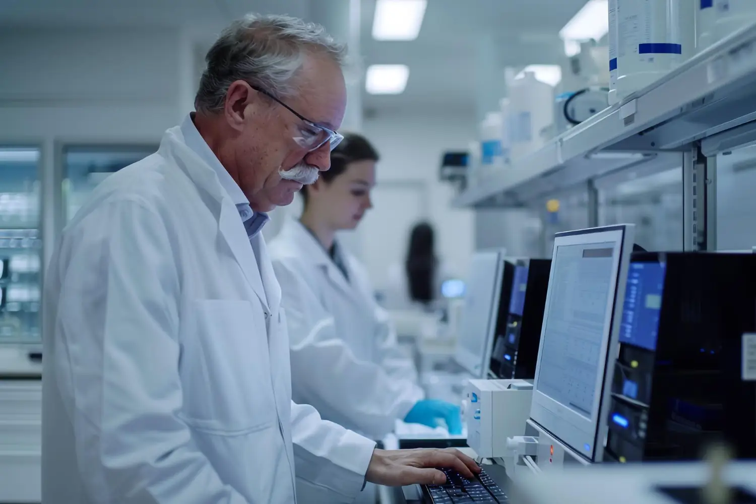 Senior male scientist in white lab coat working on a computer in a modern laboratory, with a female scientist in the background.