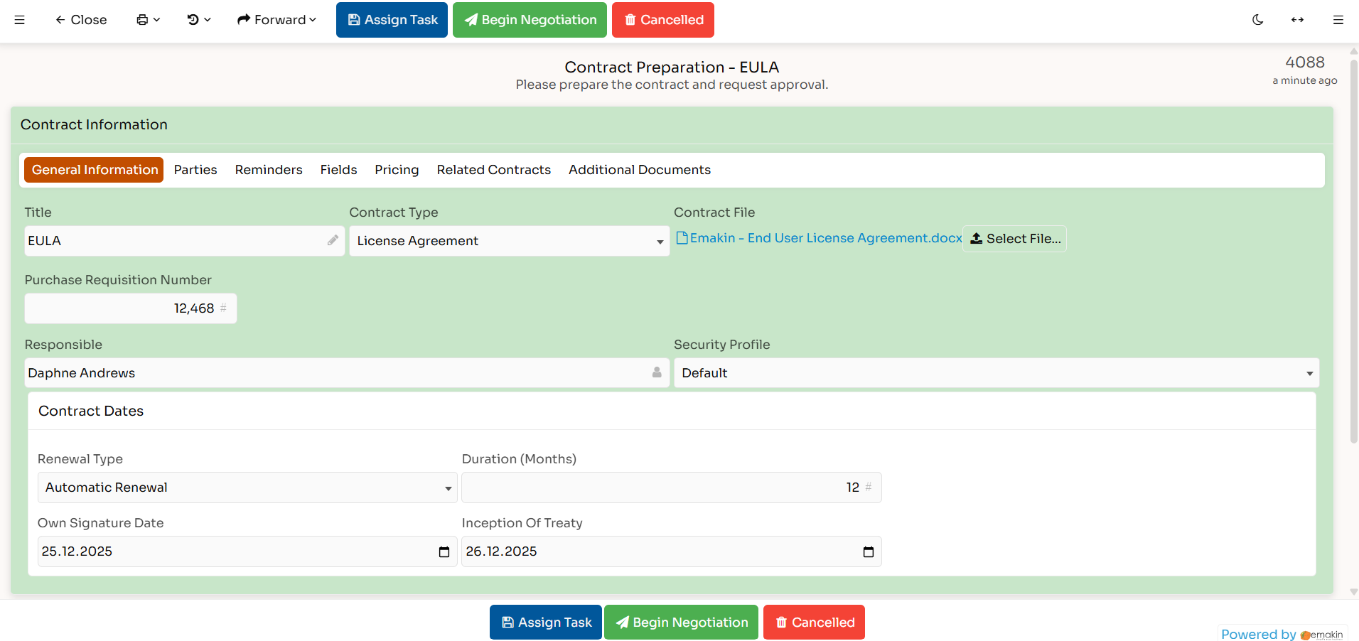 Contract preparation screen for an EULA license agreement showing general information including title, contract type, purchase requisition number, responsible person, security profile, contract dates, and buttons for assigning task, beginning negotiation, or cancelling.