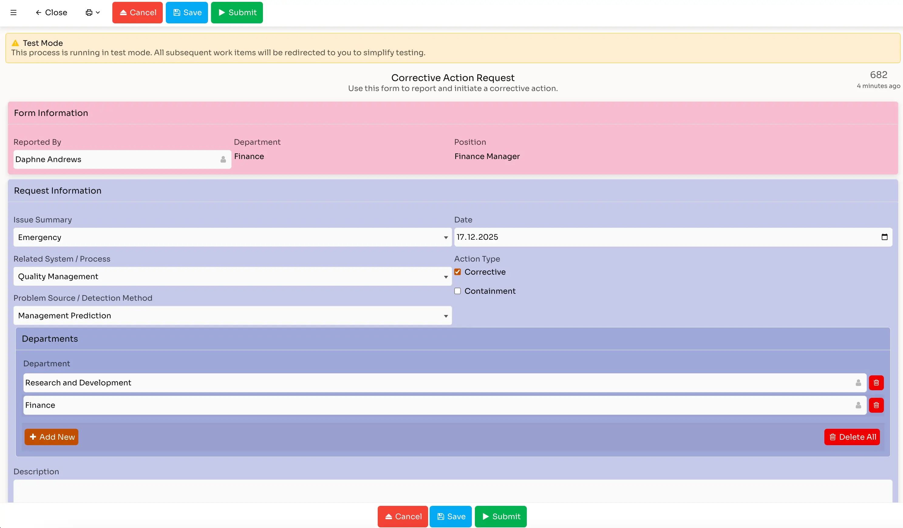 Corrective Action Request form with fields filled including reporter Daphne Andrews, Finance department, issue summary Emergency, date 17.12.2025, and departments Research and Development, Finance, with options to cancel, save, or submit.