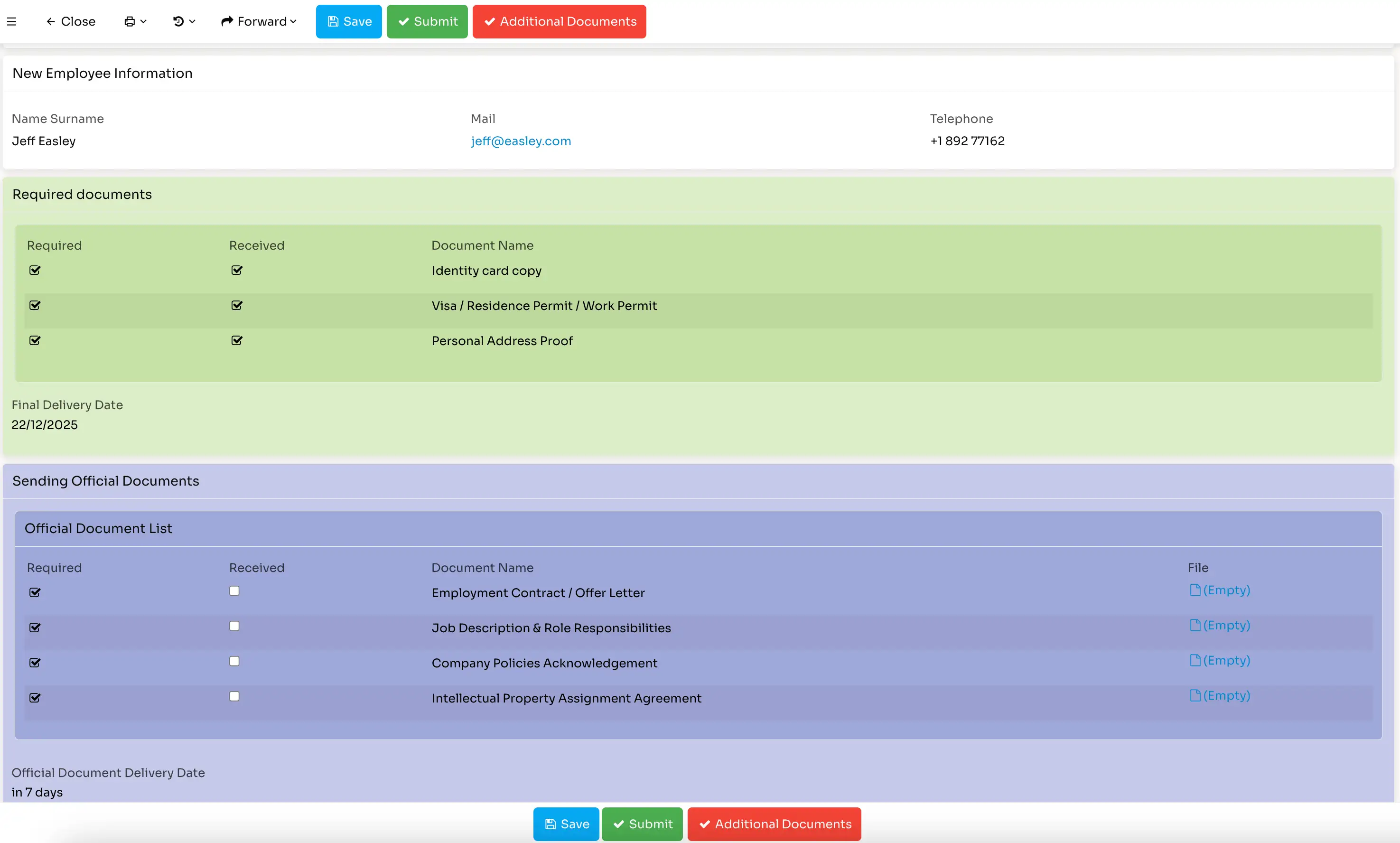 New employee onboarding form for Jeff Easley showing required and received documents including identity card copy, visa, and personal address proof, with final delivery date of 22/12/2025 and a list of official documents pending with empty file uploads.