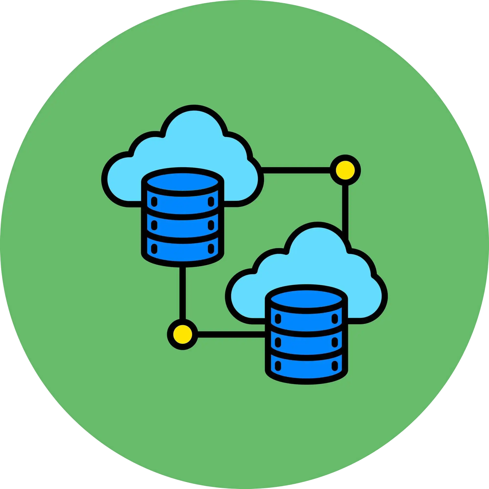 Illustration of two blue cloud icons each containing a blue database symbol, connected by lines with yellow nodes on a green circular background.