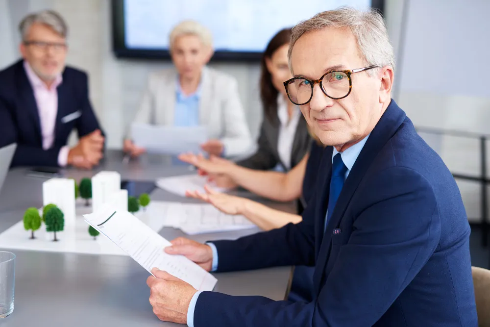 Older man in glasses and navy suit holding a document, sitting at a table with three colleagues in a business meeting.