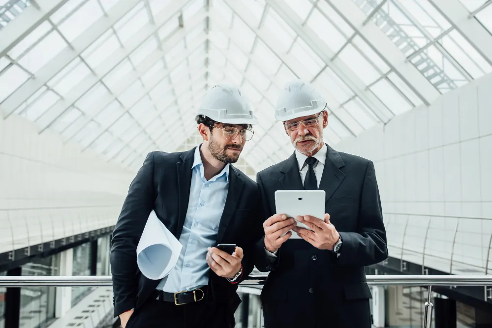 Two men in suits and white construction helmets reviewing plans on a tablet in a modern building.