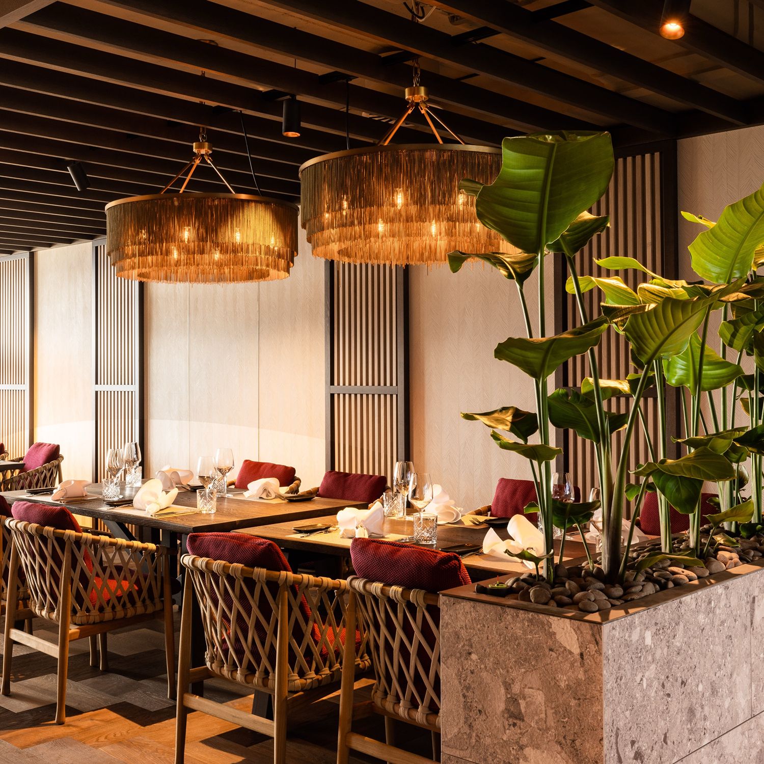 Gehobene Restauranteinrichtung mit eleganten Korbstühlen und modernen goldenen Beleuchtungskörpern.