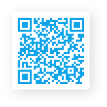 Blue QR code on a white square background with rounded corners.