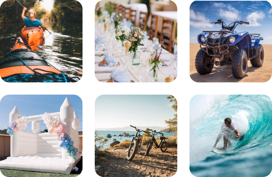 Collage of six images: person kayaking on a river, elegant table set for a meal with flowers, blue all-terrain vehicle on sand, white inflatable bounce house decorated with balloons, two bicycles parked near water and trees, surfer riding a wave inside a barrel.