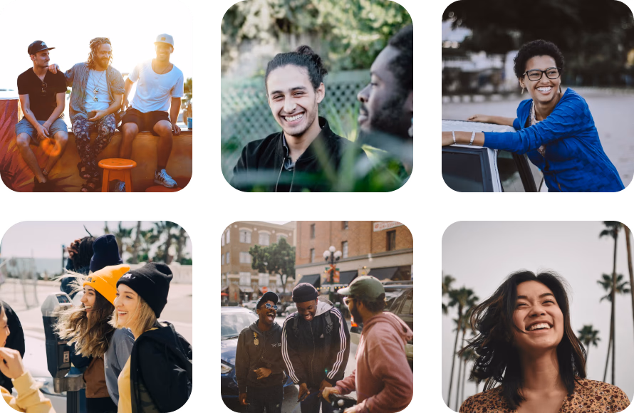 Collage of six photos showing diverse groups of friends smiling and enjoying time together outdoors in various urban and natural settings.