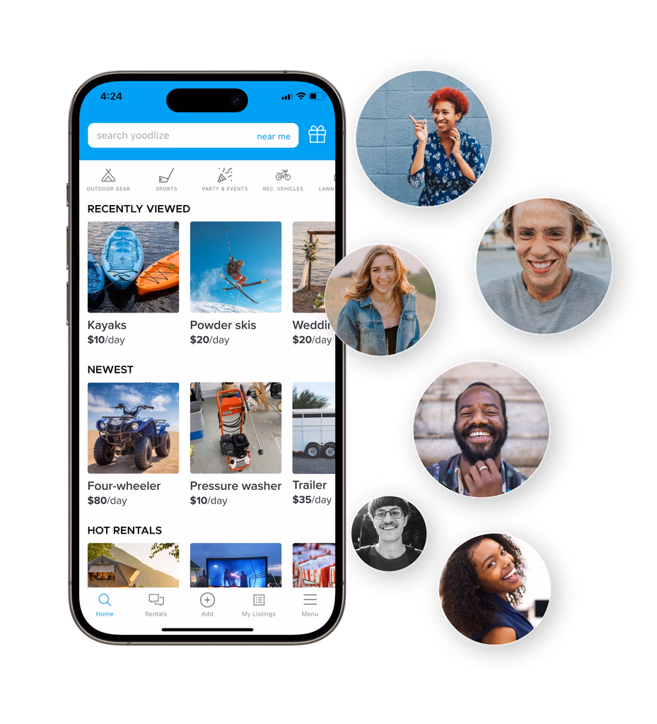 Smartphone screen showing a rental app with categories like outdoor gear and listings for kayaks, skis, and trailers, surrounded by circular portraits of diverse smiling people.