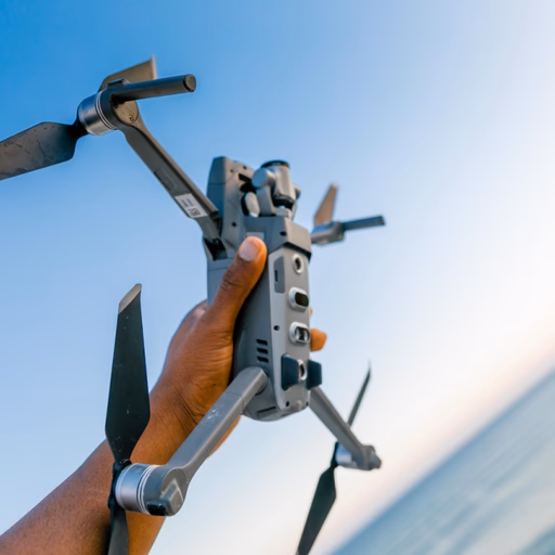 Hand holding a gray drone with extended propellers against a clear blue sky over the ocean.