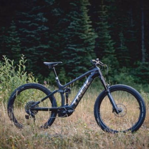 Black mountain bike standing on grassy field with tall trees in the background.