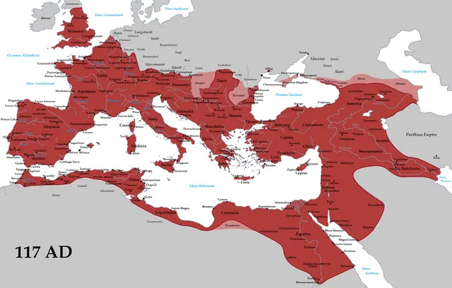 Map showing the extent of the Roman empire in 117AD