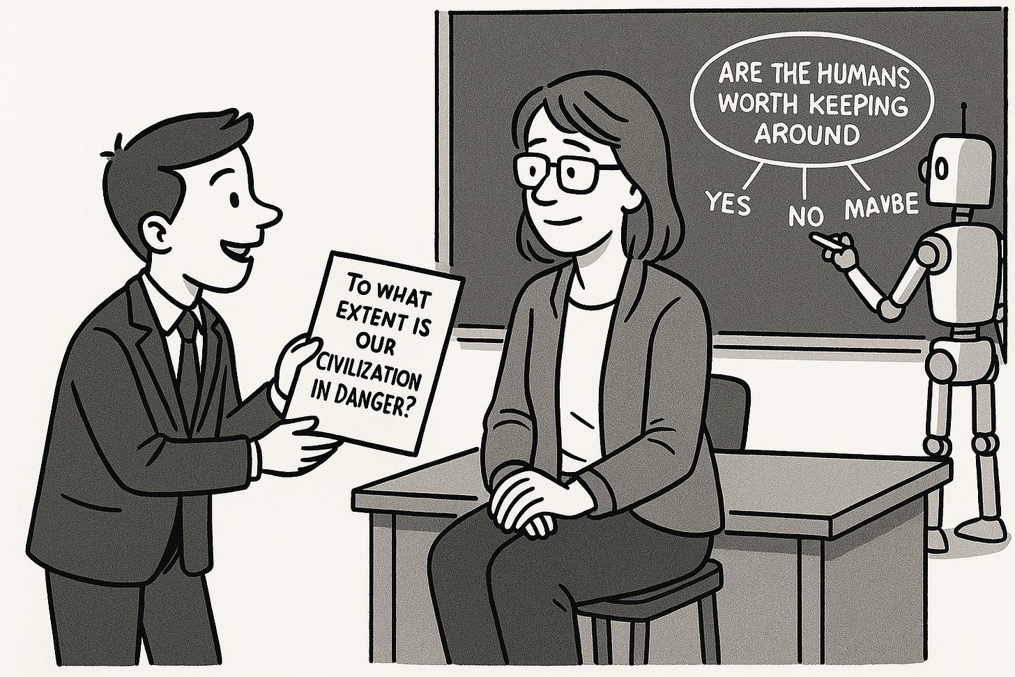 cartoon of student handing essay to teacher while robot in background considers the future of humanity.