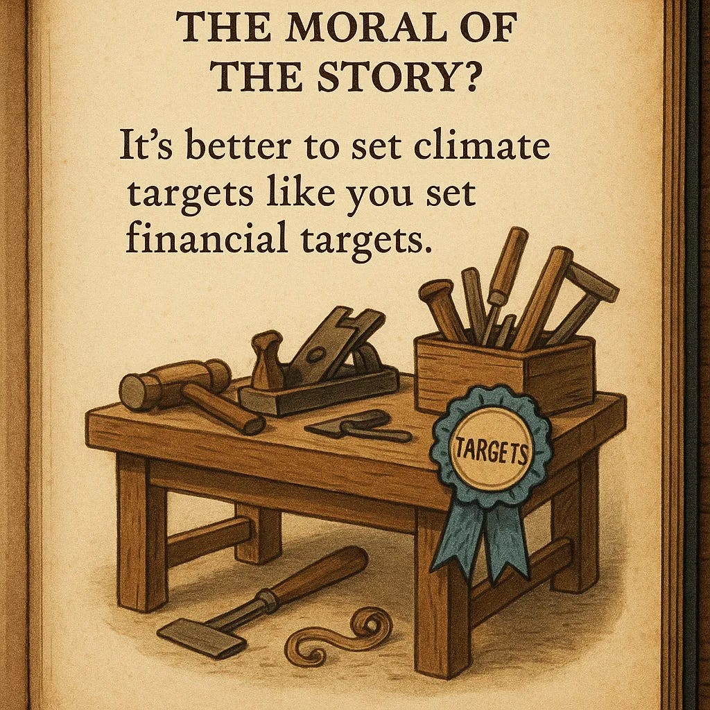 A craftsman’s bench with tools beside a ribbon marked “Targets” — moral about making, not minting, targets.