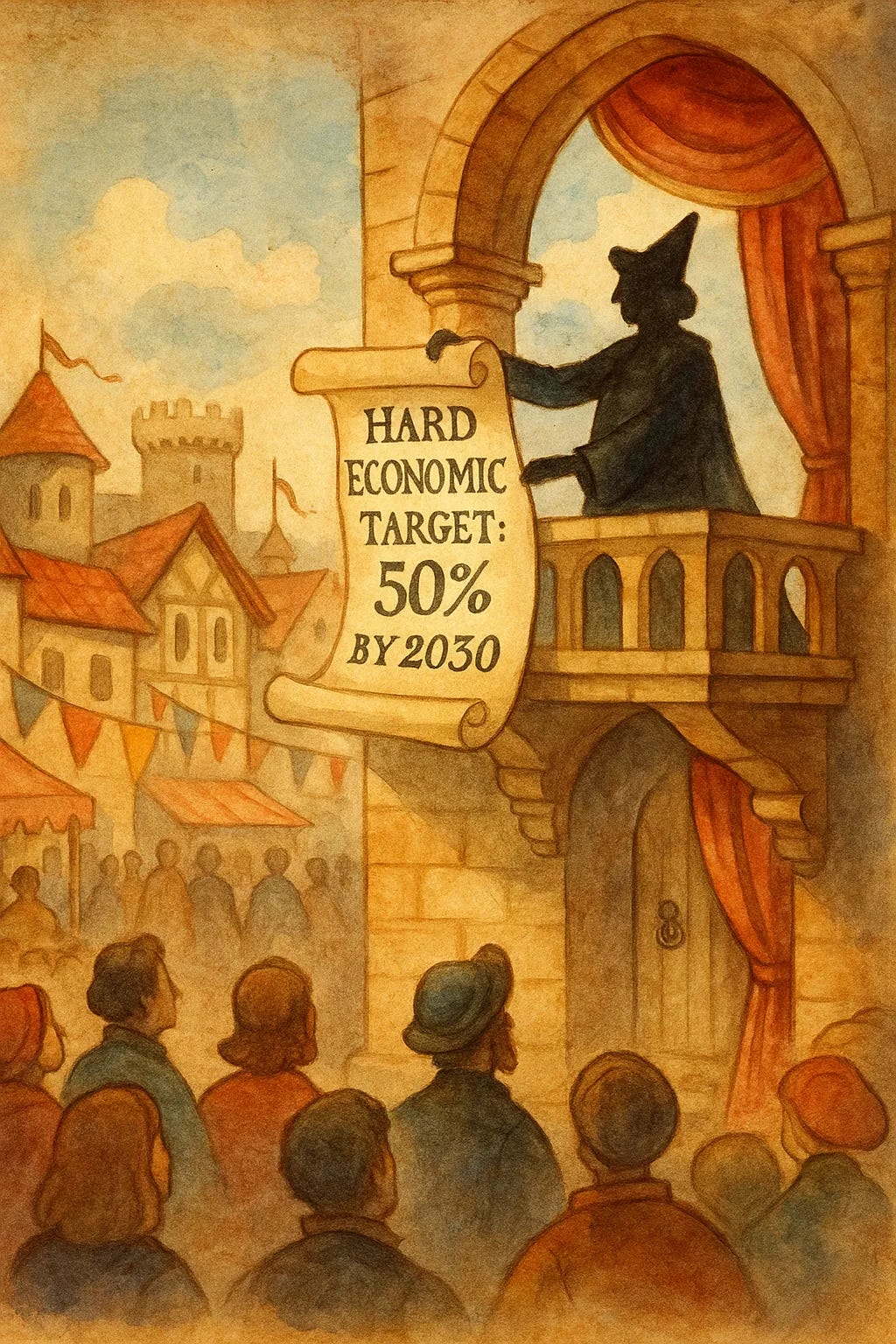 An ornate royal scroll mandating 50% revenue growth by 2030—fictional decree