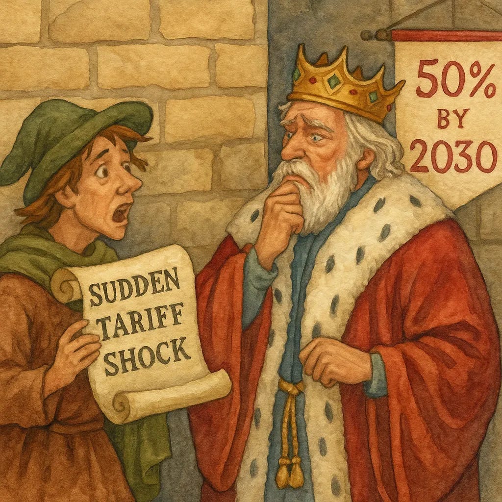 A messenger presents a scroll saying “Sudden Tariff Shock” to a worried monarch; a “50% by 2030” banner hangs behind—fictional scene.