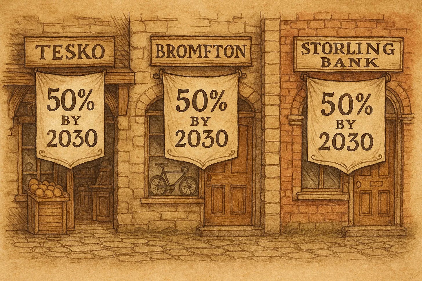 A grocer, a bicycle shop, and a bank displaying the same “50% by 2030” banner—satire of one-size targets.