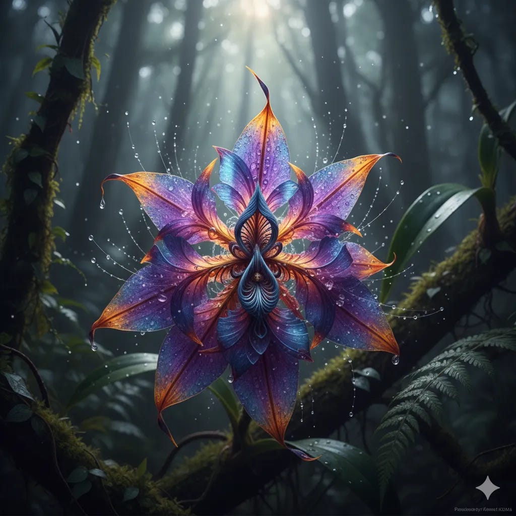 Photorealistic image of a beautiful delicate and intricate flower on a forest floor with water droplets radiating from it.