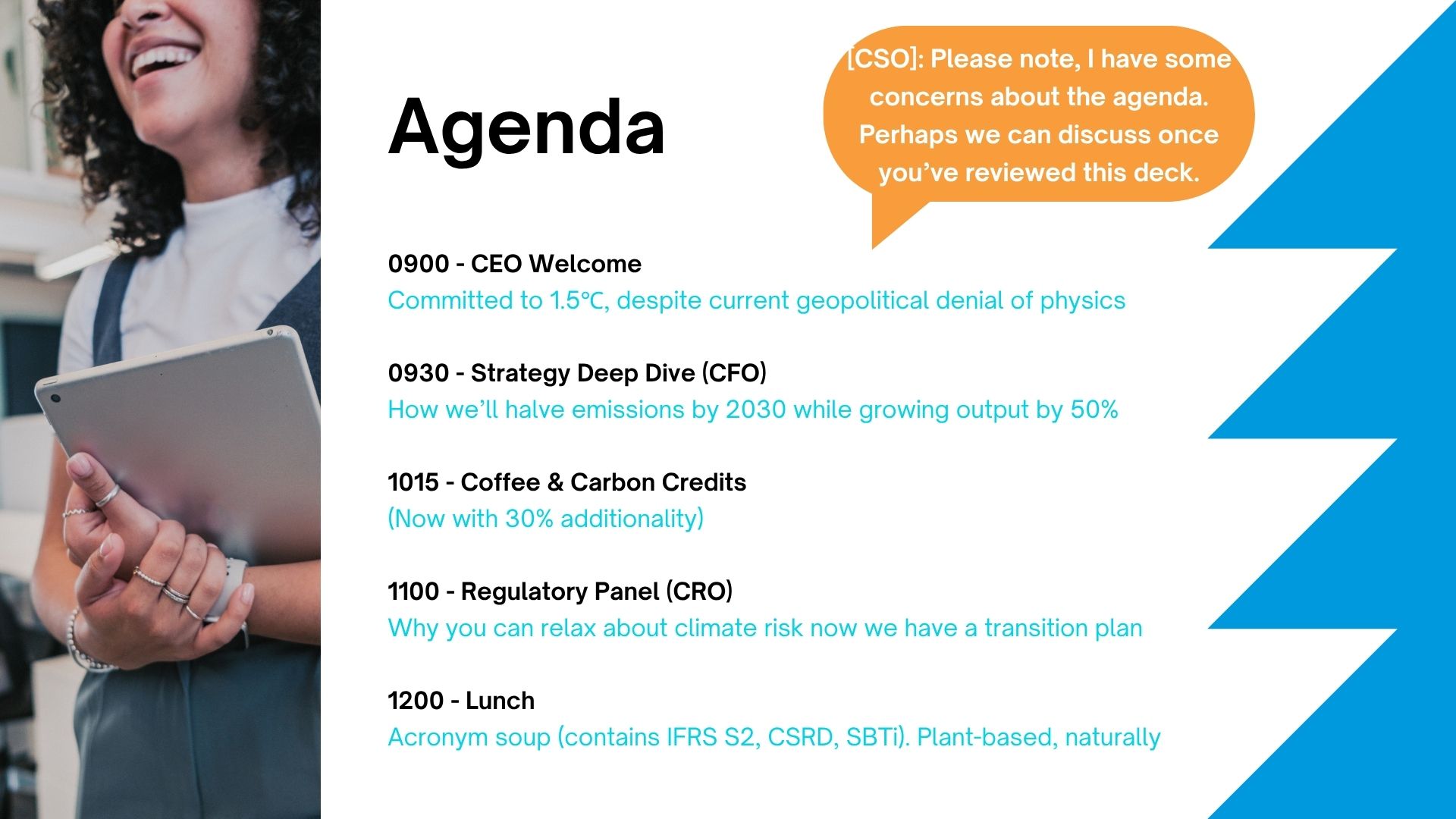 A mock conference agenda slide with a note from the chief sustainability officer highlighting concerns