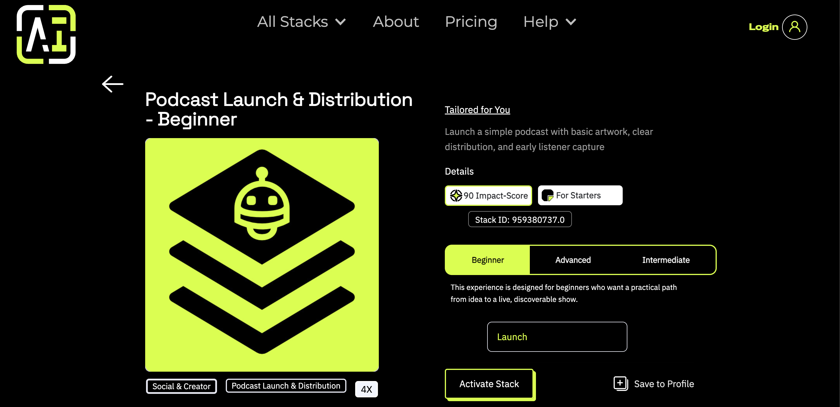 Preview of the AIXERY stack selection interface