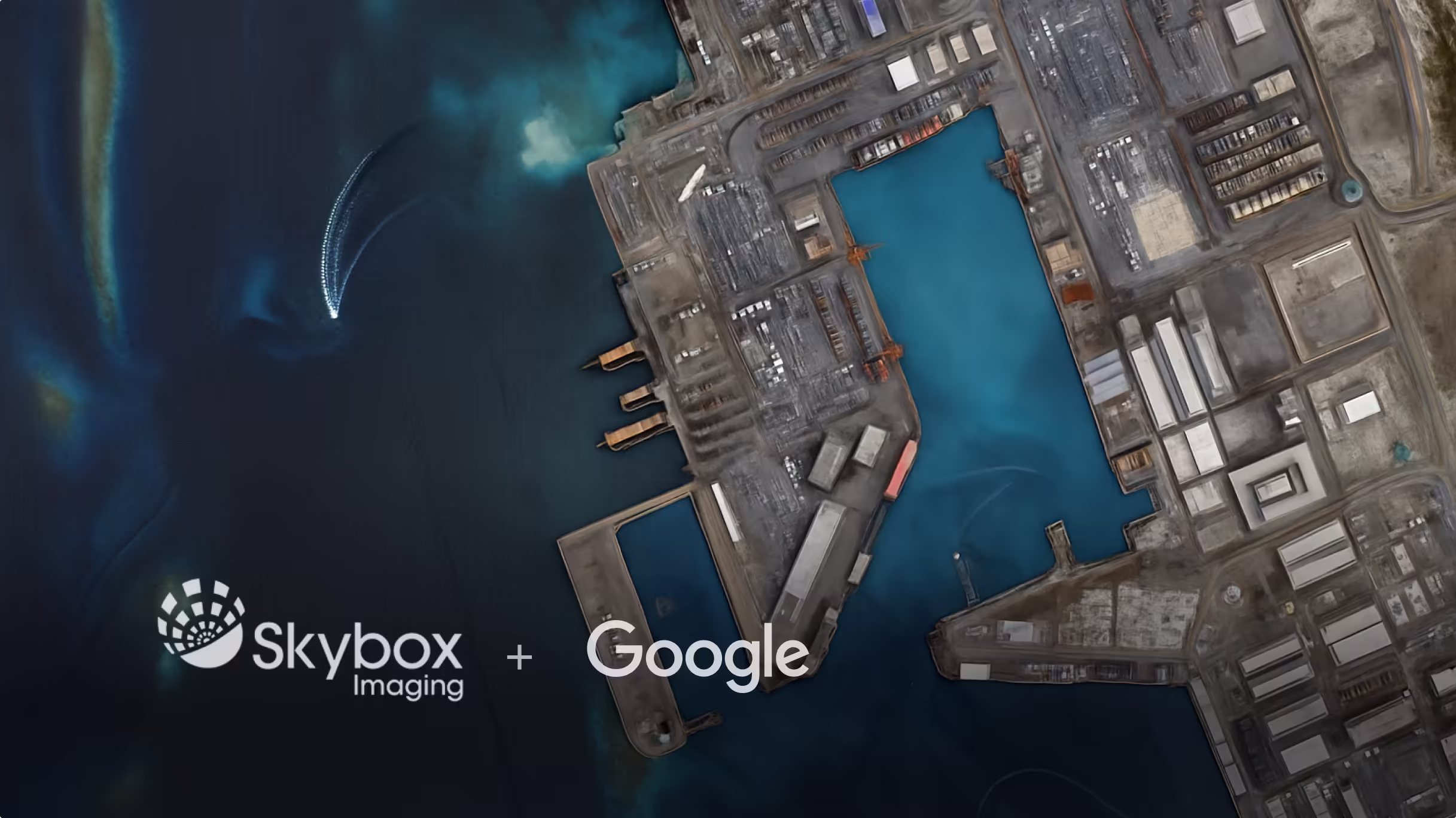 Satellite view of an industrial port by the ocean with the Skybox Imaging and Google logos, representing advanced Earth observation technology.