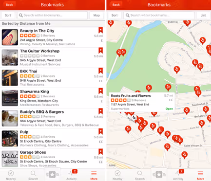 Figure 4. Yelp app showing the nearby restaurant POIs