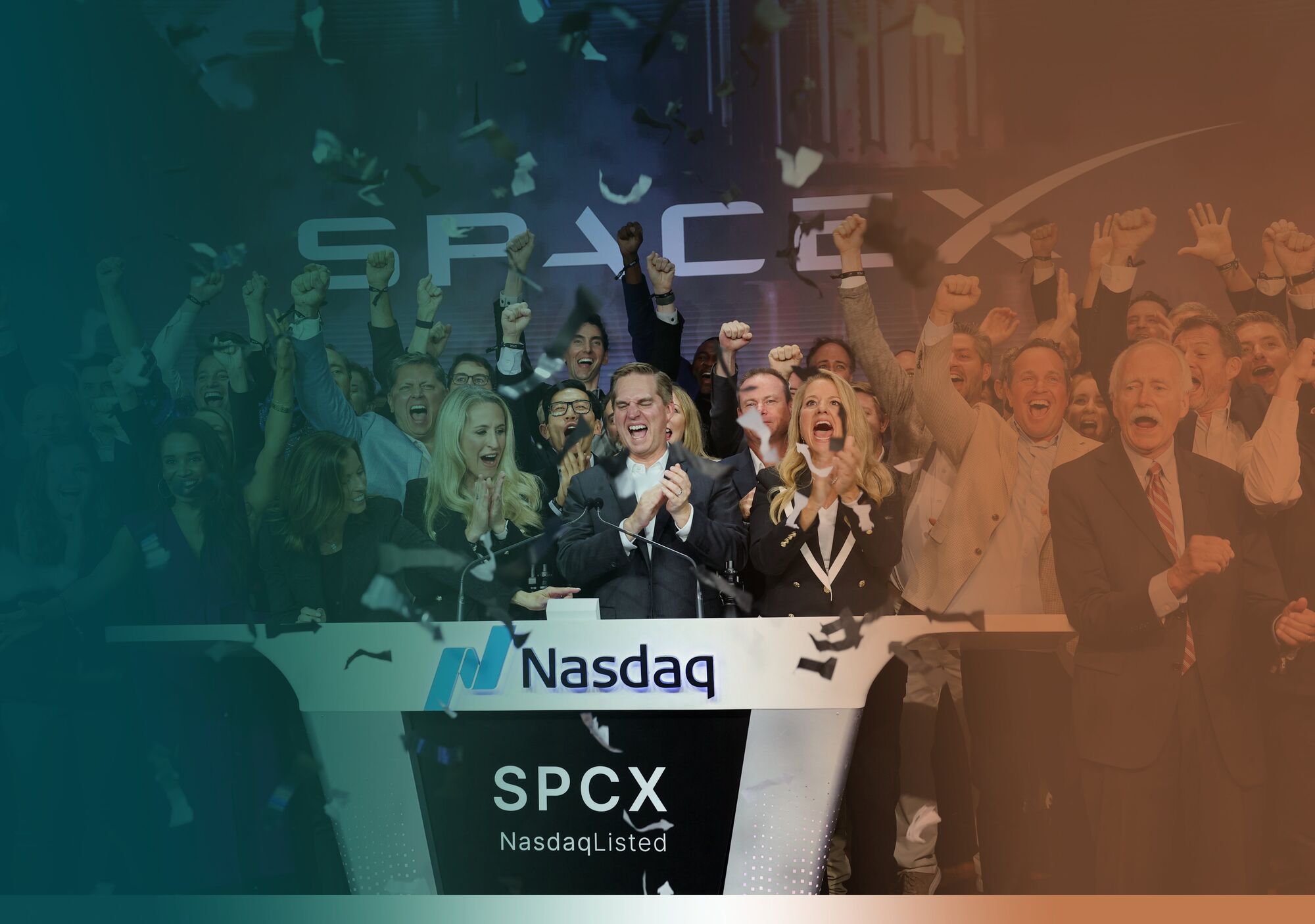 Space Capital Space IQ Q2 2026 Opening Letter cover: investors and executives cheer amid confetti at a Nasdaq IPO bell-ringing ceremony marking SpaceX's public market debut under ticker SPCX, with the SpaceX logo on the exchange backdrop.