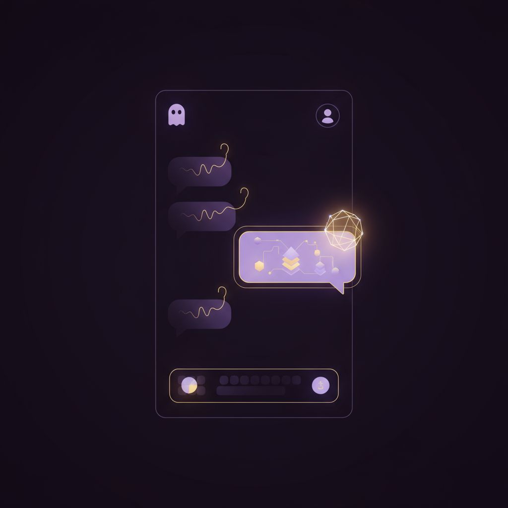 A mockup or screenshot of the Snapchat chat interface showing the Perplexity-powered feature. It should visualize a user asking a question in a chat and the AI providing a sourced answer directly within the conversation thread, distinct from the user's messages.