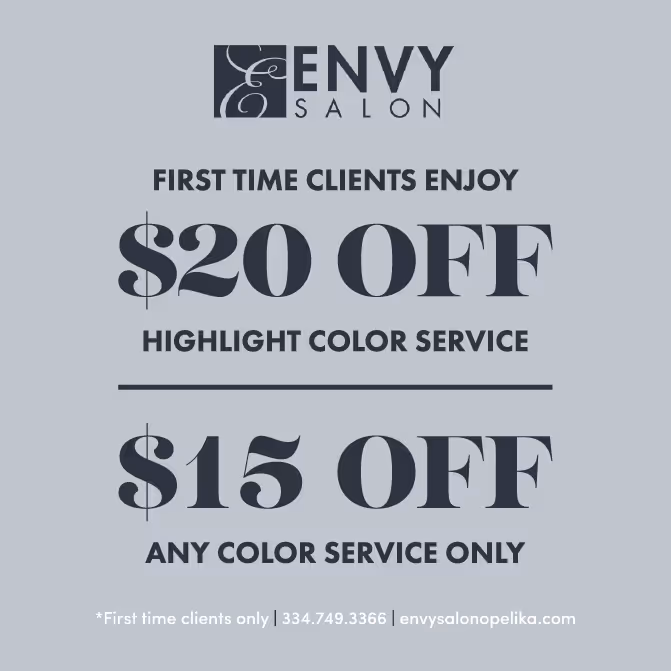 First time clients enjoy:
$20 off highlight color service.
$15 off any color service only.