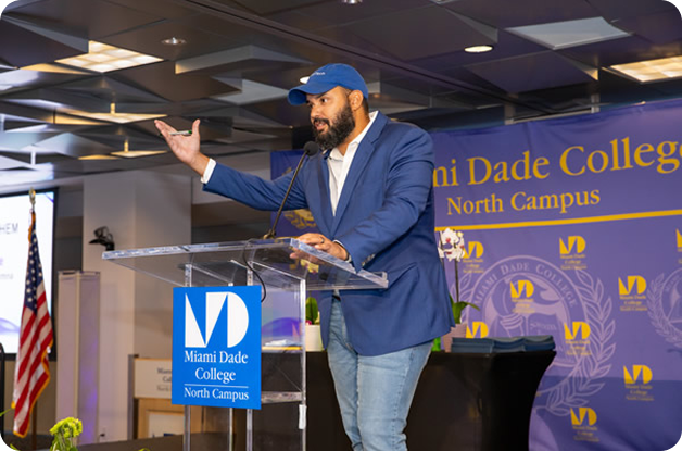 Speaker presenting at Miami Dade College North Campus workforce development event