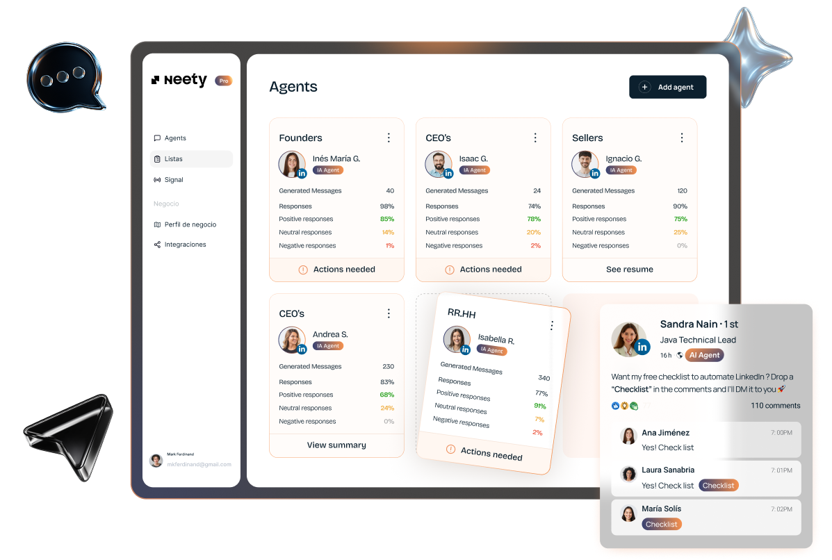 Illustration of AI agents analyzing campaign data, managing customer interactions, and automating follow-ups on a modern digital dashboard.