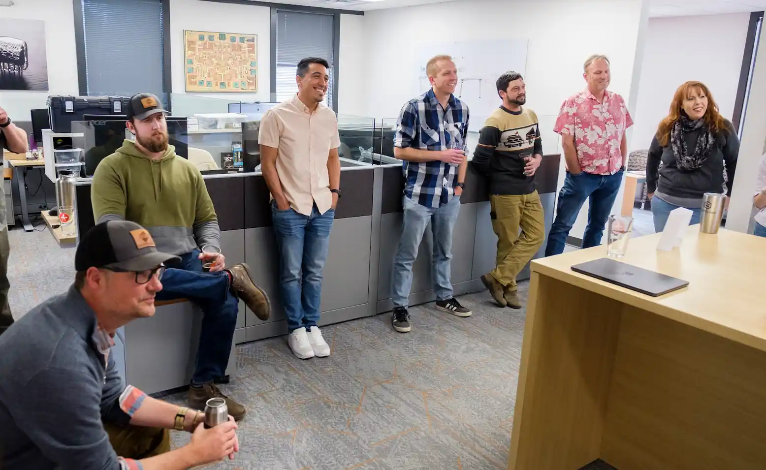 A group listening to a presentation.