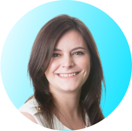 headshot of a woman with brown hair on a light blue background