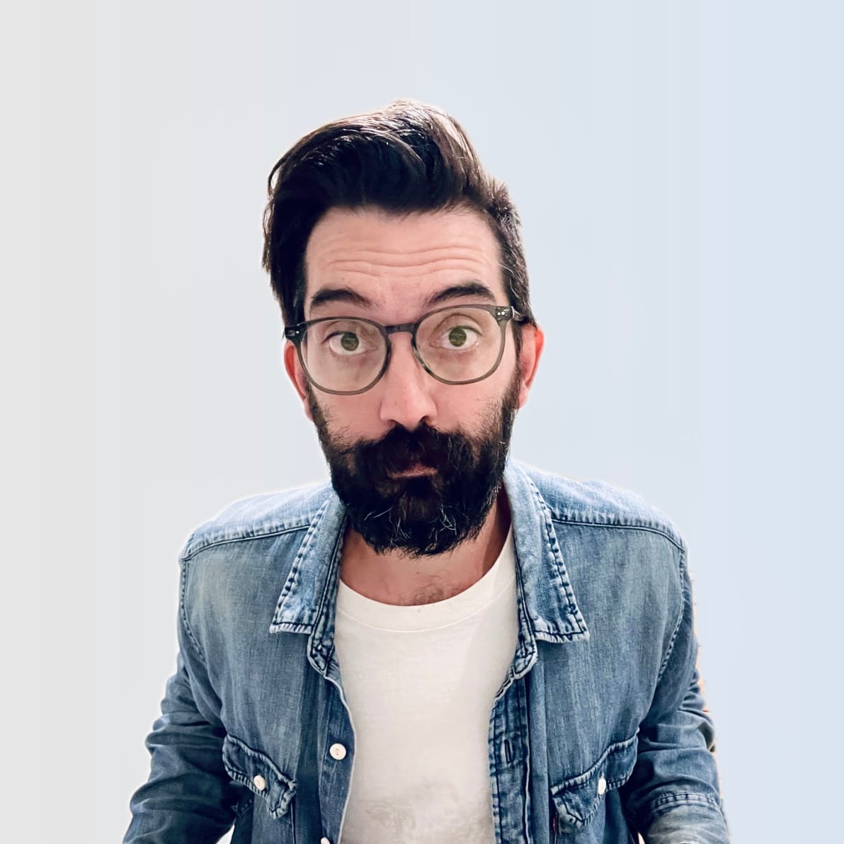 Portrait of bearded man with glasses in a denim shirt