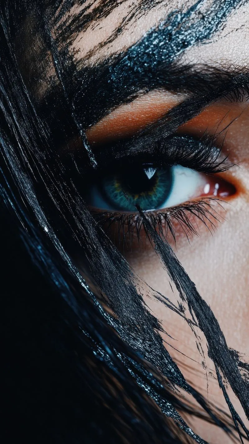 Close-up of a blue eye partially covered by black paint and strands of hair.