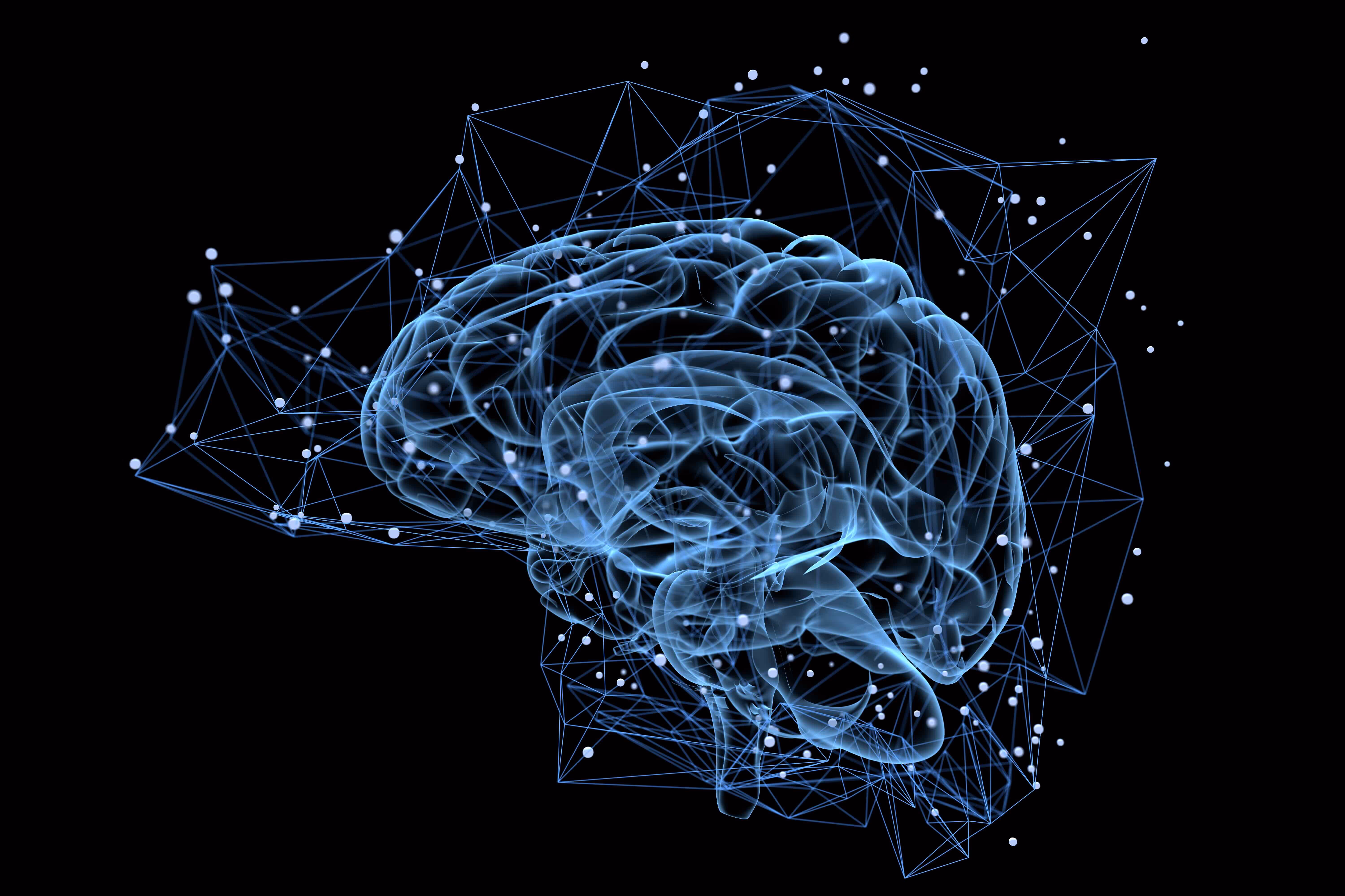 Digital illustration of a translucent brain surrounded by glowing network connections