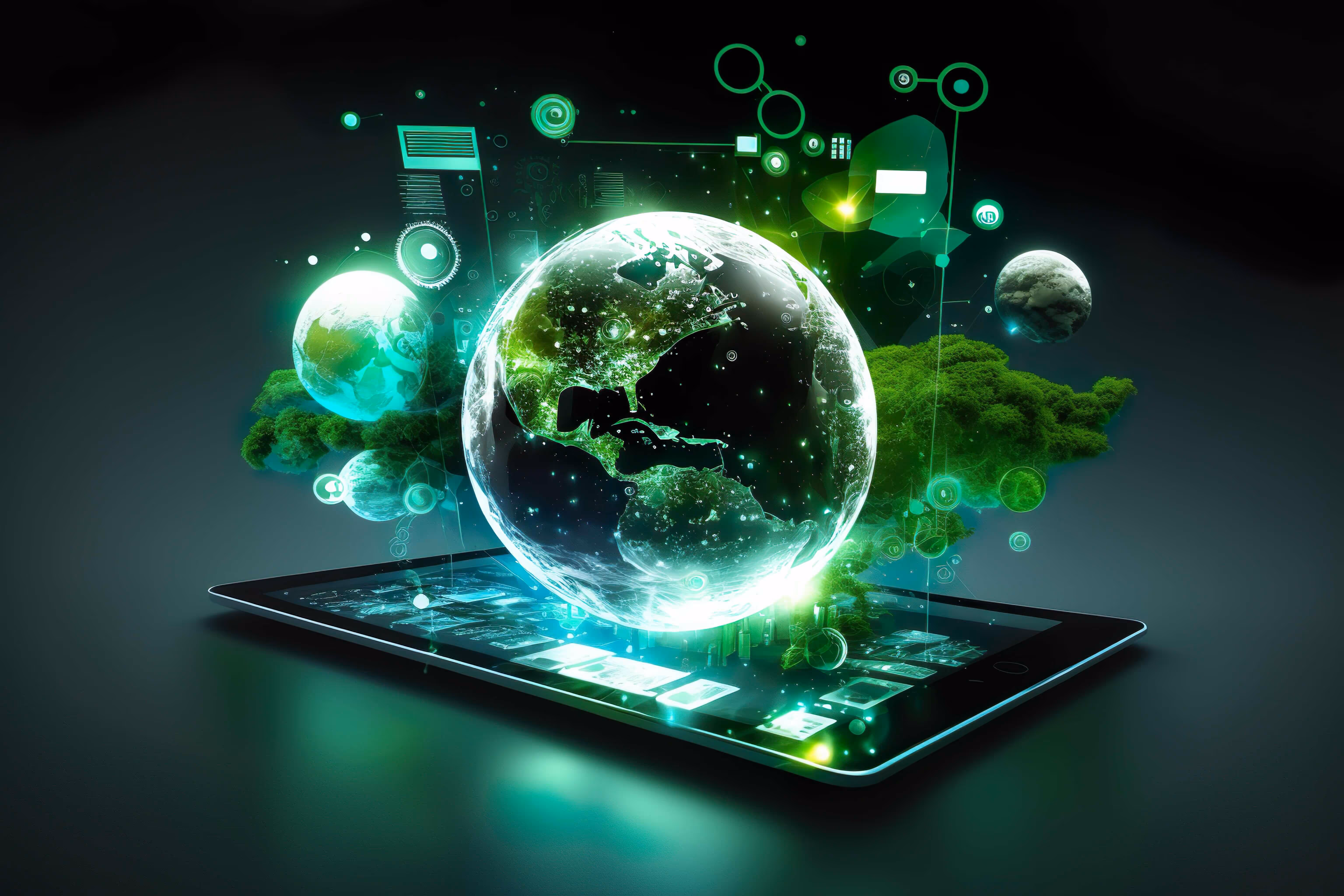 Glowing digital earth hologram emerging from a tablet with green tech icons